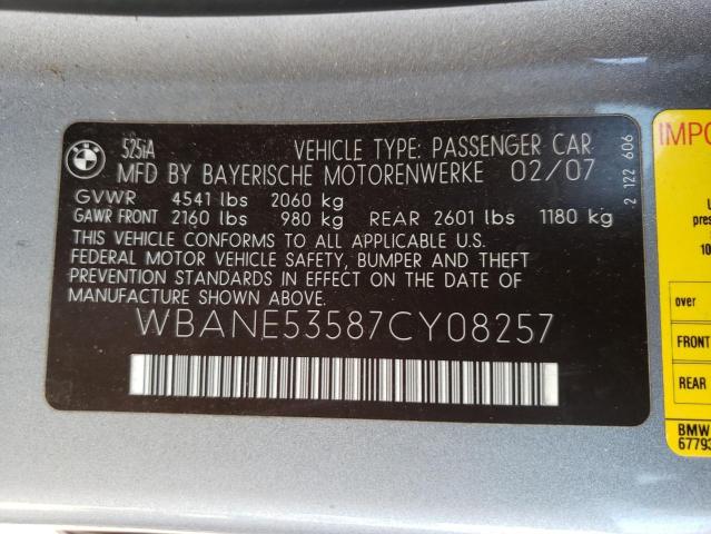 Photo 10 from auction – 2007 BMW 525 I with VIN WBANE53587CY08257
