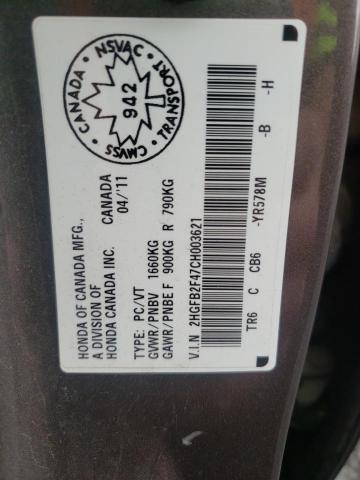 Photo 10 from auction – 2012 HONDA CIVIC LX with VIN 2HGFB2F47CH003621