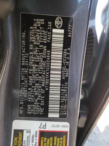 Photo 10 from auction – 2012 TOYOTA CAMRY HYBR with VIN 4T1BD1FK1CU024649