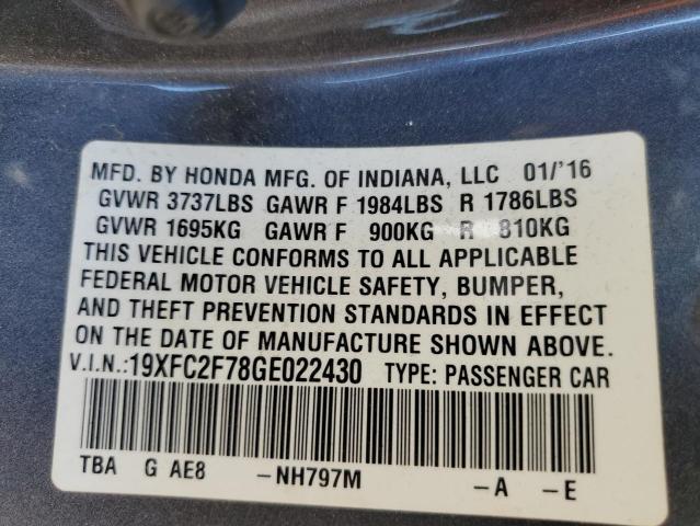 Photo 10 from auction – 2016 HONDA CIVIC EX with VIN 19XFC2F78GE022430