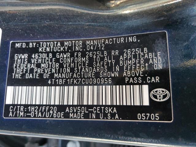 Photo 10 from auction – 2012 TOYOTA CAMRY BASE with VIN 4T1BF1FK7CU090956