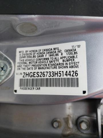 Photo 10 from auction – 2003 HONDA CIVIC EX with VIN 2HGES26733H514426