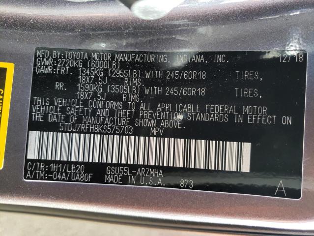 Photo 10 from auction – 2019 TOYOTA HIGHLANDER with VIN 5TDJZRFH8KS575703