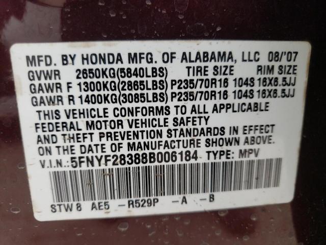 Photo 10 from auction – 2008 HONDA PILOT SE with VIN 5FNYF28388B006184