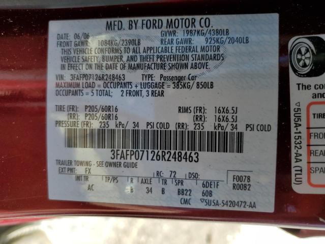 Photo 10 from auction – 2006 FORD FUSION SE with VIN 3FAFP07126R248463