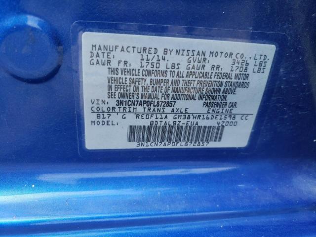 Photo 10 from auction – 2015 NISSAN VERSA S with VIN 3N1CN7AP0FL872857