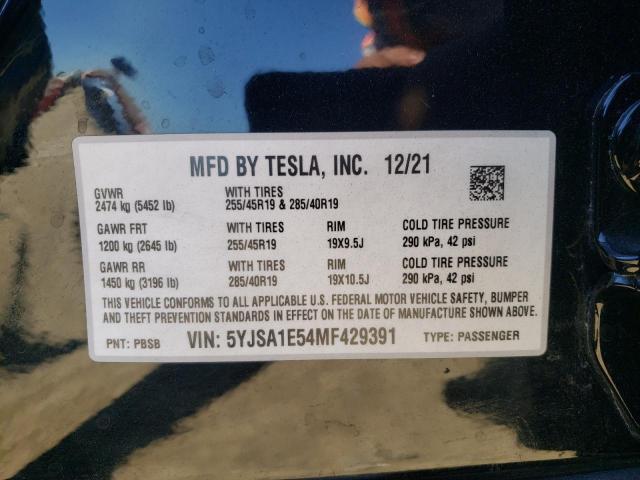 Photo 10 from auction – 2021 TESLA MODEL S with VIN 5YJSA1E54MF429391