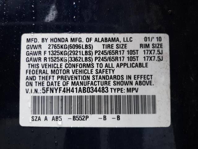 Фото 10 с аукциона – 2010 HONDA PILOT EX с VIN 5FNYF4H41AB034483