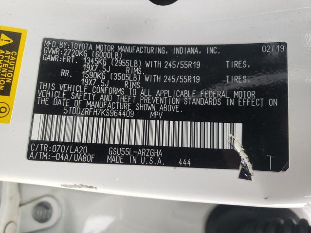 Photo 10 from auction – 2019 TOYOTA HIGHLANDER with VIN 5TDDZRFH7KS964409