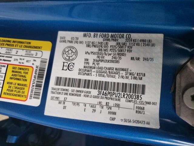 Photo 10 from auction – 2020 FORD FUSION SEL with VIN 3FA6P0PU2LR200385