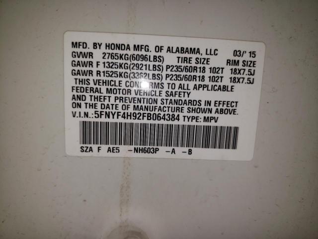 Photo 10 from auction – 2015 HONDA PILOT TOUR with VIN 5FNYF4H92FB064384