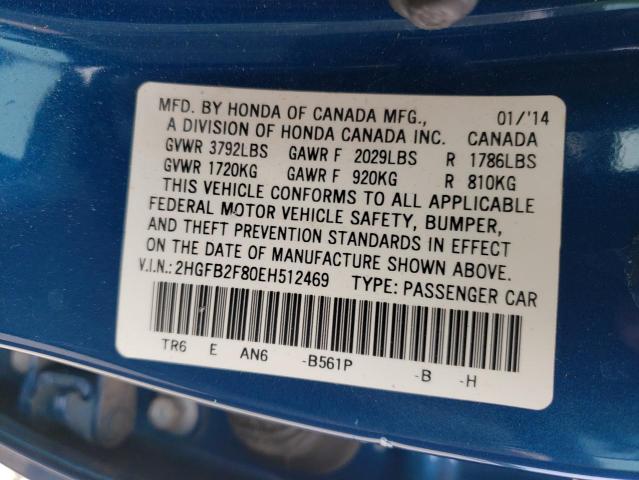 Photo 10 from auction – 2014 HONDA CIVIC EX with VIN 2HGFB2F80EH512469