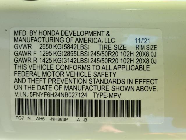 Photo 10 from auction – 2022 HONDA PILOT SE with VIN 5FNYF6H24NB027124