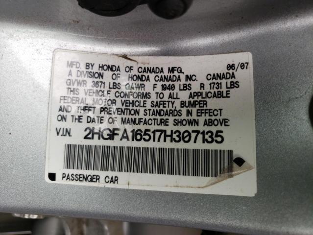 Photo 10 from auction – 2007 HONDA CIVIC LX with VIN 2HGFA16517H307135