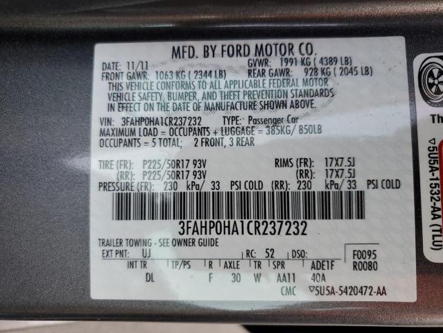 Photo 10 from auction – 2012 FORD FUSION SE with VIN 3FAHP0HA1CR237232