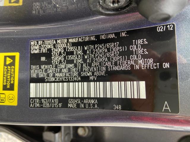 Photo 10 from auction – 2012 TOYOTA HIGHLANDER with VIN 5TDBK3EH1CS133404