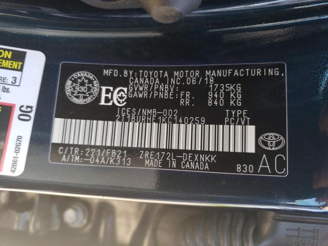 Photo 10 from auction – 2019 TOYOTA COROLLA L with VIN 2T1BURHE1KC140259