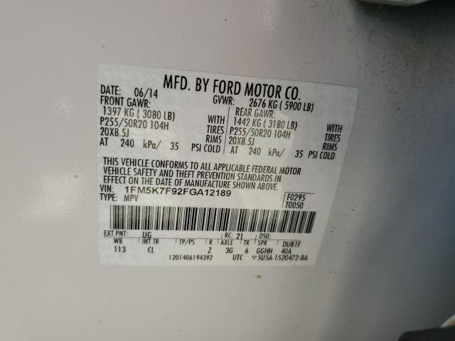 Photo 10 from auction – 2015 FORD EXPLORER L with VIN 1FM5K7F92FGA12189