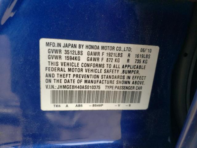 Photo 10 from auction – 2010 HONDA FIT with VIN JHMGE8H40AS010375