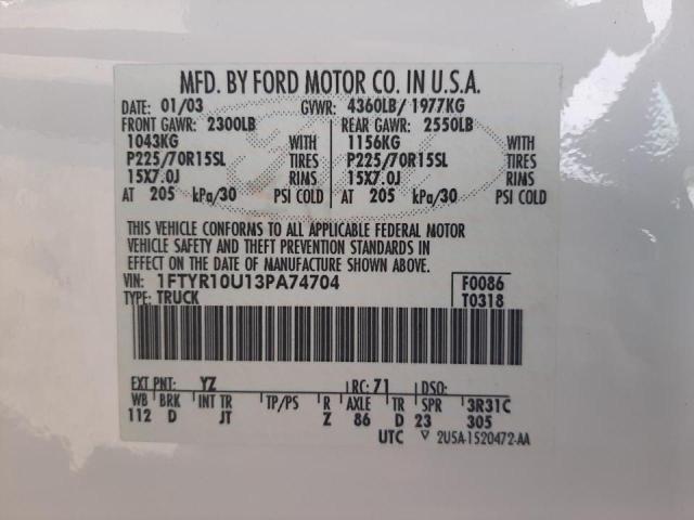 Photo 10 from auction – 2003 FORD RANGER with VIN 1FTYR10U13PA74704