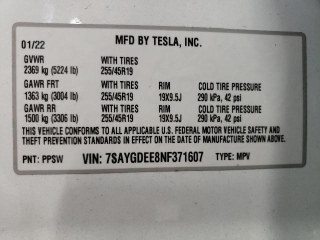 Photo 10 from auction – 2022 TESLA MODEL Y with VIN 7SAYGDEE8NF371607