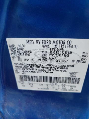 Photo 10 from auction – 2012 FORD ESCAPE XLT with VIN 1FMCU0D76CKC60089