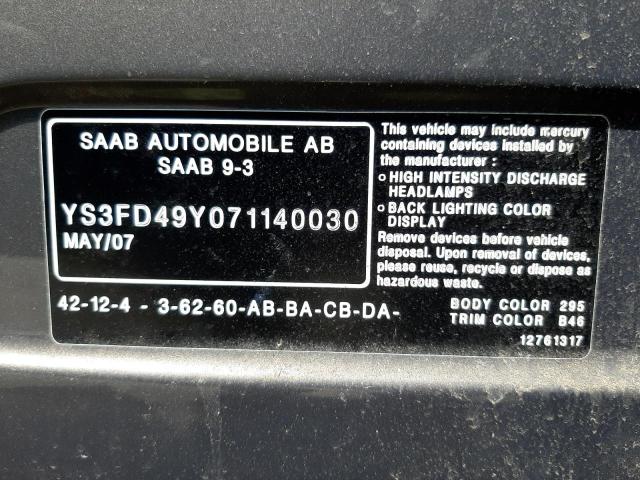 Photo 10 from auction – 2007 SAAB 9-3 2.0T with VIN YS3FD49Y071140030
