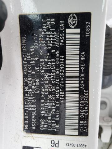 Photo 10 from auction – 2012 TOYOTA CAMRY BASE with VIN 4T4BF1FK4CR210444