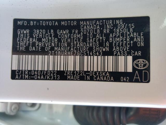 Photo 10 from auction – 2016 TOYOTA COROLLA L with VIN 2T1BURHE7GC514543