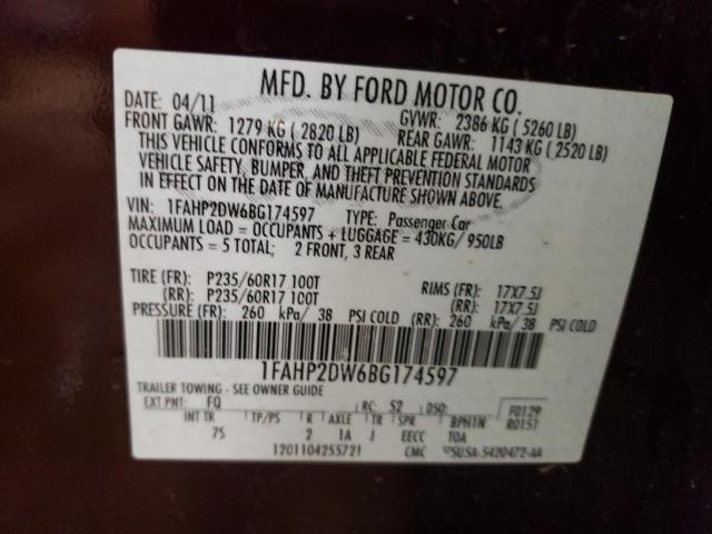 Photo 10 from auction – 2011 FORD TAURUS SE with VIN 1FAHP2DW6BG174597