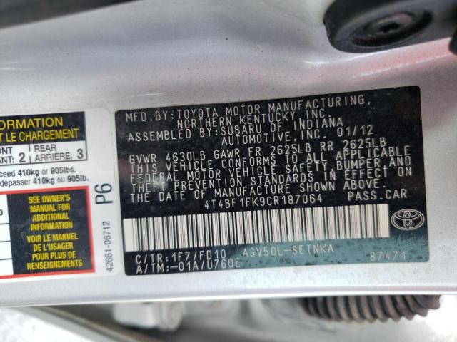 Photo 10 from auction – 2012 TOYOTA CAMRY BASE with VIN 4T4BF1FK9CR187064