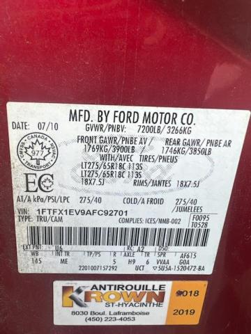 Photo 10 from auction – 2010 FORD F150 SUPER with VIN 1FTFX1EV9AFC92701