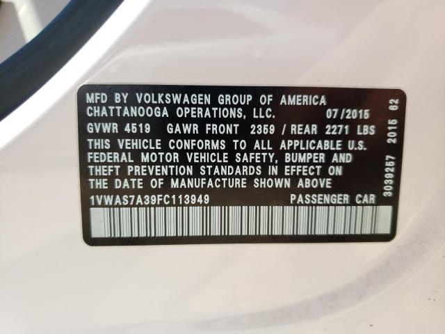 Photo 10 from auction – 2015 VOLKSWAGEN PASSAT S with VIN 1VWAS7A39FC113949