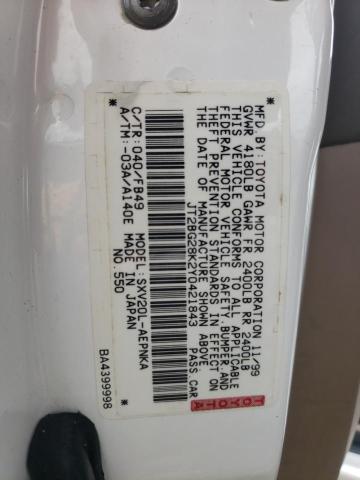 Photo 10 from auction – 2000 TOYOTA CAMRY LE with VIN JT2BG28K2Y0421843