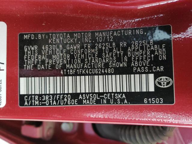 Photo 10 from auction – 2012 TOYOTA CAMRY BASE with VIN 4T1BF1FK4CU624480