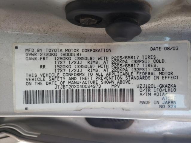 Photo 10 from auction – 2004 LEXUS GX 470 with VIN JTJBT20X040024973