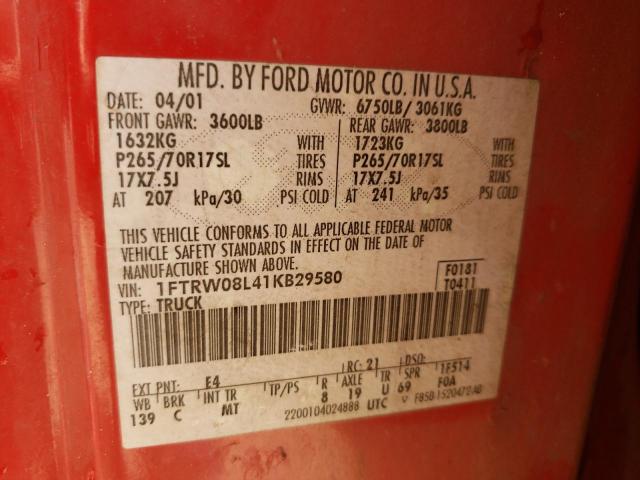 Photo 10 from auction – 2001 FORD F150 SUPER with VIN 1FTRW08L41KB29580