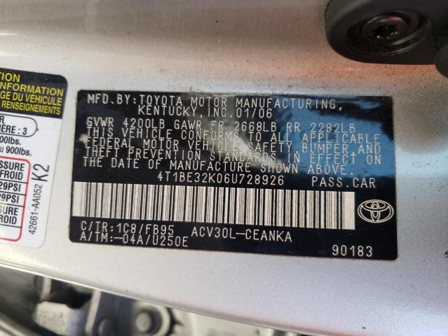 Photo 10 from auction – 2006 TOYOTA CAMRY LE with VIN 4T1BE32K06U728926