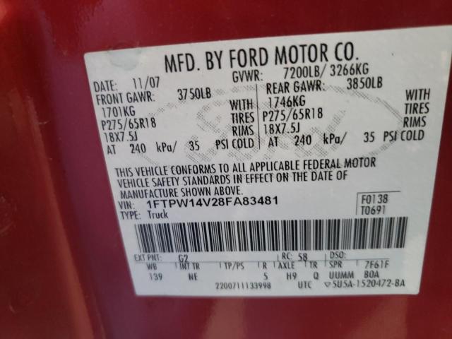 Foto 10 de la subasta – 2008 FORD F150 SUPER con VIN 1FTPW14V28FA83481