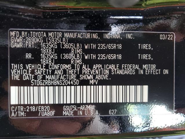 Photo 10 from auction – 2022 TOYOTA HIGHLANDER with VIN 5TDGZRBH8NS204450