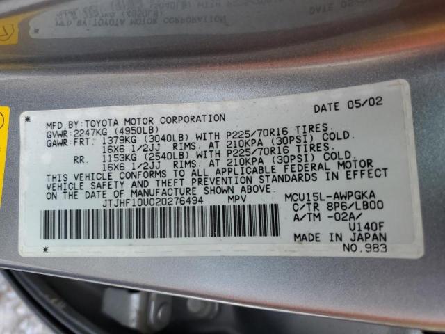 Photo 10 from auction – 2002 LEXUS RX 300 with VIN JTJHF10U020276494