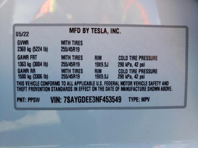 Photo 10 from auction – 2022 TESLA MODEL Y with VIN 7SAYGDEE3NF453549