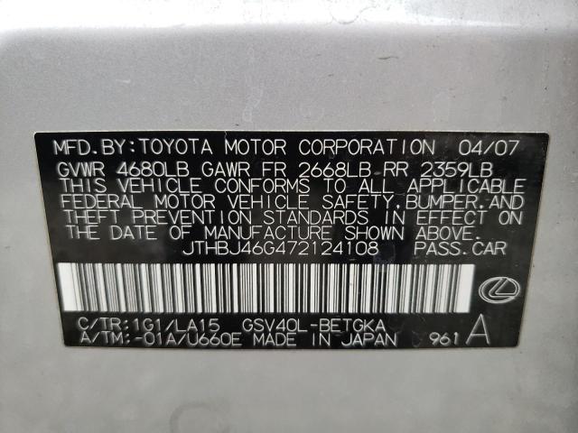 Photo 10 from auction – 2007 LEXUS ES 350 with VIN JTHBJ46G472124108