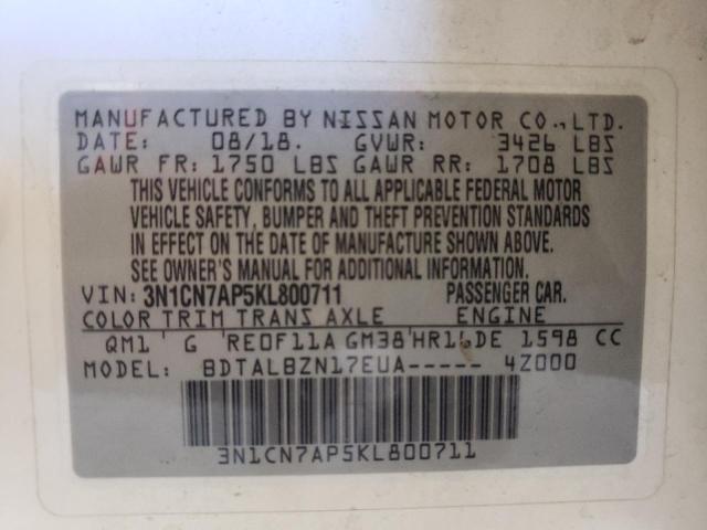 Photo 10 from auction – 2019 NISSAN VERSA S with VIN 3N1CN7AP5KL800711