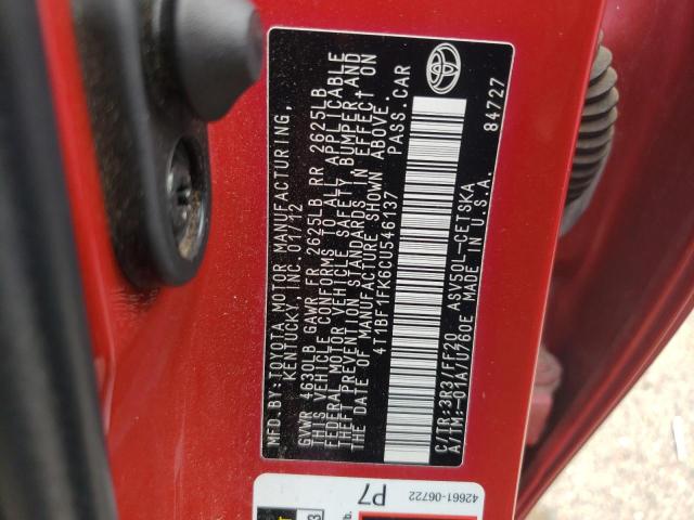 Photo 10 from auction – 2012 TOYOTA CAMRY BASE with VIN 4T1BF1FK6CU546137