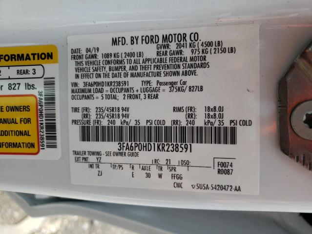 Photo 10 from auction – 2019 FORD FUSION SE with VIN 3FA6P0HD1KR238591