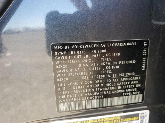 Photo 10 from auction – 2011 VOLKSWAGEN TOUAREG V6 with VIN WVGFF9BP3BD006177