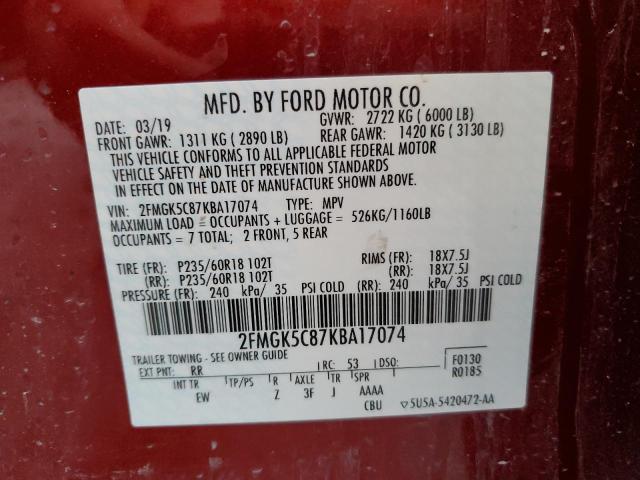 Photo 10 from auction – 2019 FORD FLEX SEL with VIN 2FMGK5C87KBA17074