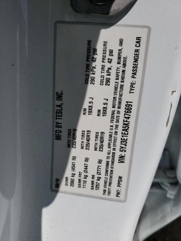 Photo 10 from auction – 2019 TESLA MODEL 3 with VIN 5YJ3E1EA5KF476691
