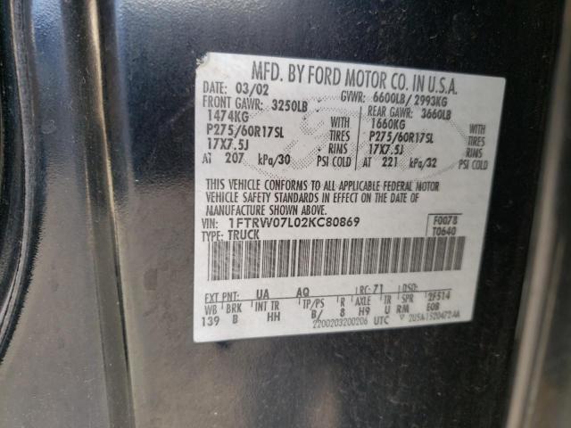 Photo 10 from auction – 2002 FORD F150 SUPER with VIN 1FTRW07L02KC80869
